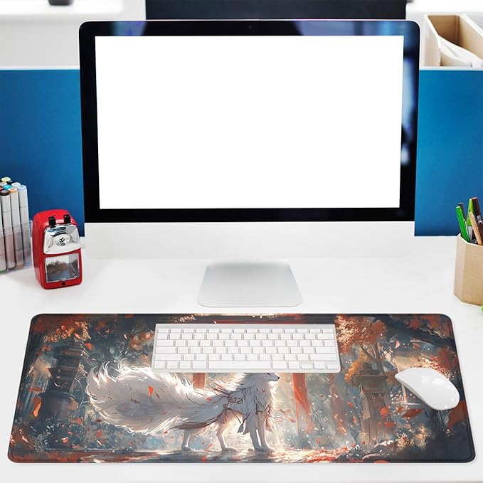 White Fox Gaming Mouse Pad Japan Shrine Cherry Blossoms Sunlight Extended Keyboard Mouse Mat for Computer Office, Big Laptop Mouse pad, Gaming Pc 31.5x11.8 in
