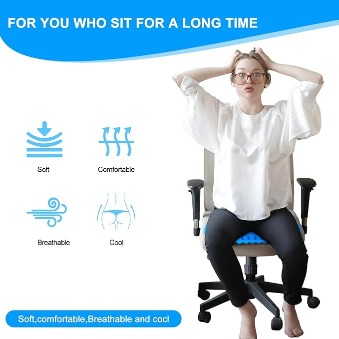 EVEME Gel Seat Cushion for Long Sitting with Non-Slip Cover,Cooling seat Cushion,Breathable Honeycomb Design Absorbs Pressure Points,for Office Chair, Home Car seat,Wheelchair
