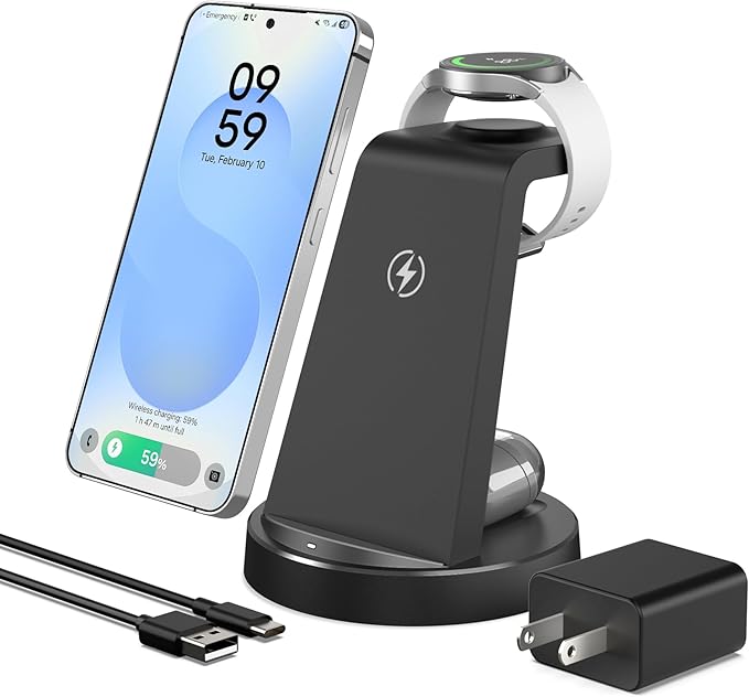 Wireless Charger for Samsung, 3-in-1 Charging Station for Samsung S26/S25/S24/S23/S22, Note 20/10, Z Fold 6/5, Galaxy Buds 4/3/2 Pro, Galaxy Watch Ultra/8/7/6/5-Android Phone and Watch Stand