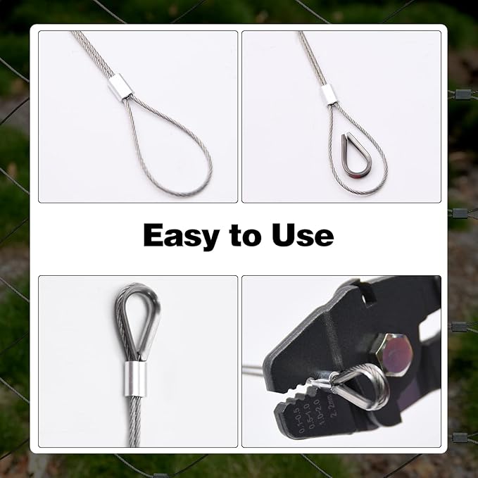 656ft Wire Rope Crimping Tool Kit, 1/16" Stainless Steel Wire Rope Cable with Aluminum Crimping Sleeves and Stainless Steel Thimbles for Railing, Decking, Picture Hanging