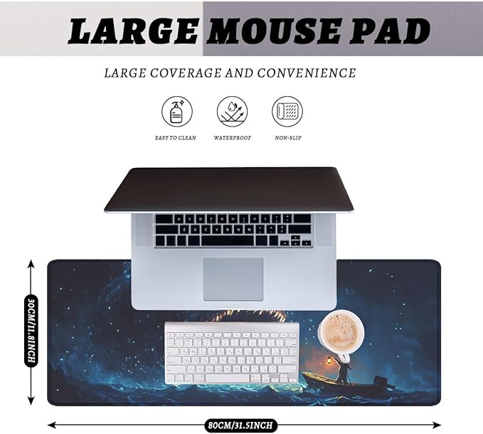 Deep Sea Monster Mouse Pad Fisherman Myth Legend Monster Extended Keyboard Mouse Mat for Computer Office, Big Laptop Mouse pad, Gaming Pc 31.5x11.8 in