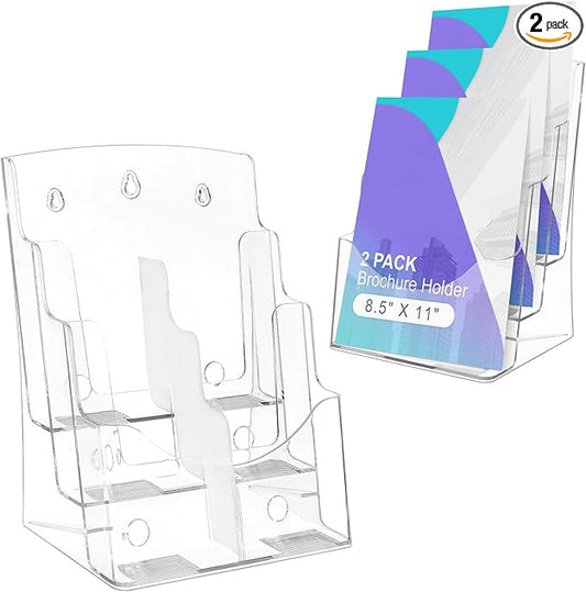 2 Pack 3 Tier Brochure Holder 8.5” x 11” - Acrylic Literature Holder with Removable Divider for 4” x 9” Brochure, Clear Flyer Holder Pamphlet Display Stand