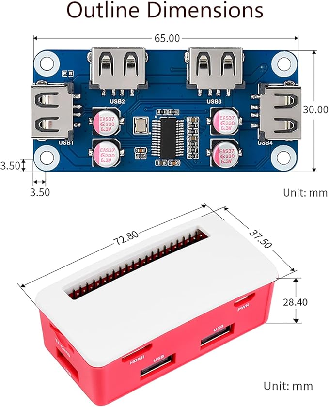 USB HUB Box Kit with USB HUB HAT Board and ABS Case for Raspberry Pi Zero 2 W/Zero 2WH/Pi Zero/Zero W/Zero WH,with 4X Extended USB Ports Compatible with USB 2.0/1.1