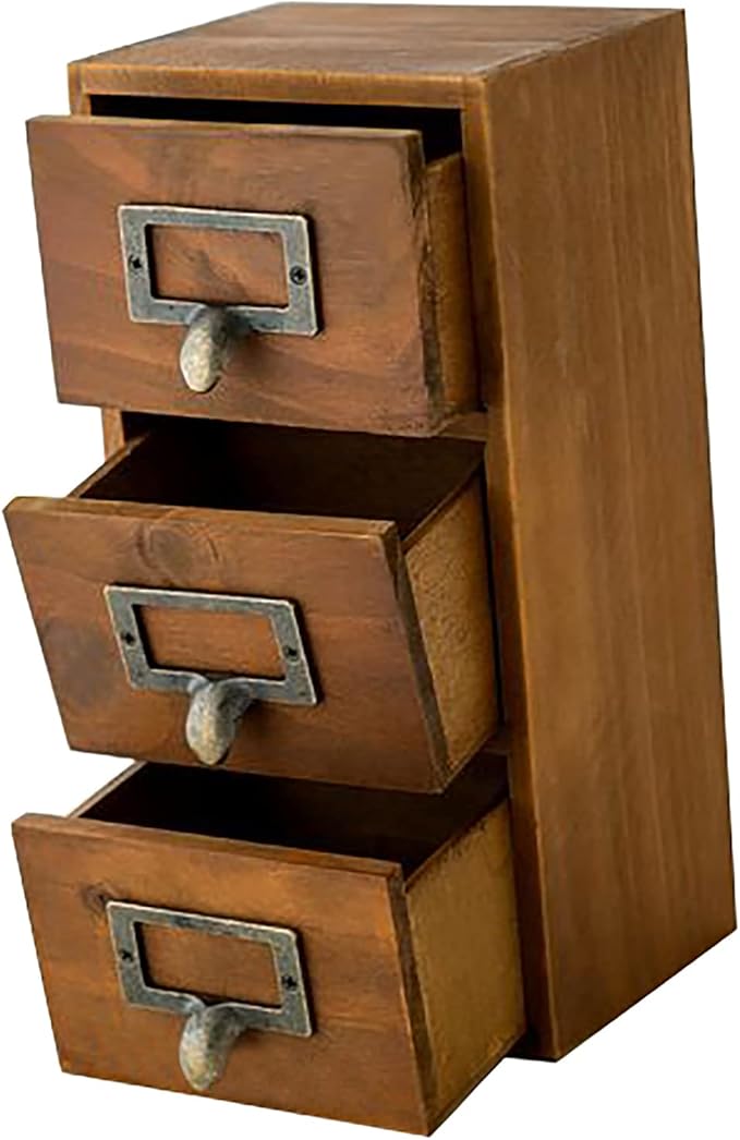 Vintage 3 Drawer Desktop Organizer - Rustic Card Catalog with Label Holders - Small Chest for Organization - Library Box - Table Nightstand Shelves Cabinet Vertical Storage
