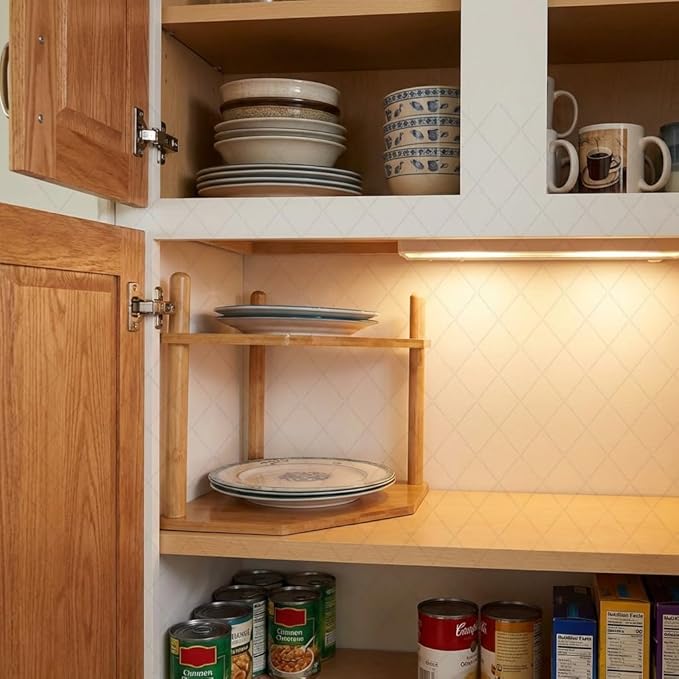 2-Tier Expandable Bamboo Corner Shelf - Dish/Plate Organizer for Cabinet, Kitchen Counter Shelf & Small Kitchen Shelf, Adjustable (6.7" H-Natural, 2-Tier)