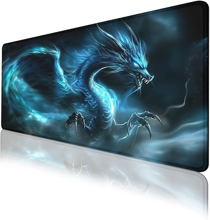 Blue Dragon Mouse Pad, Dark Fantasy Fire Dark Art Gaming Desk Mat with Stitched Edges,Non-Slip Waterproof Rubber Base Mouse Mat, 31.5x11.8in Mouse Pads for Desk Home Office Gaming