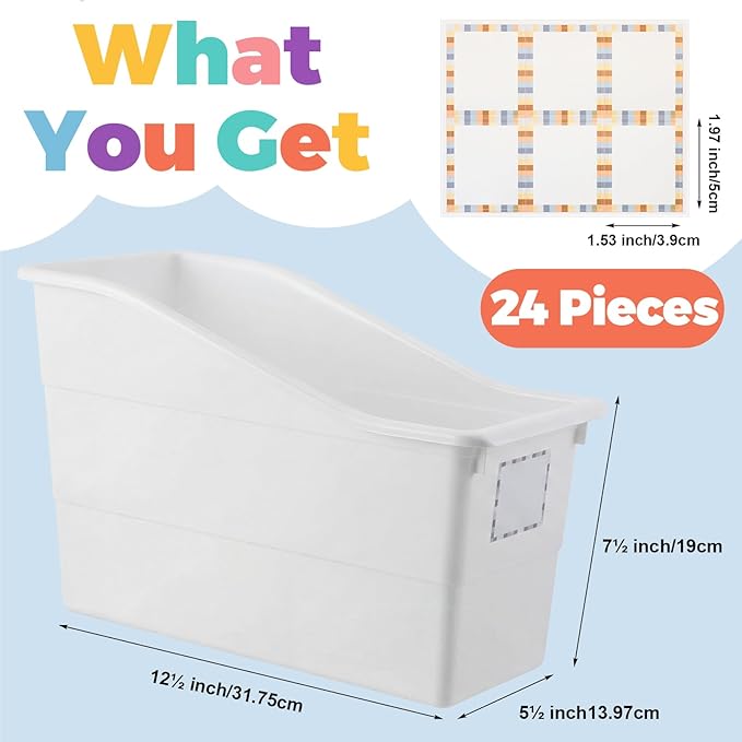 Suzile 12 Pcs Book Bins with Labels Linking Storage Bins Folder Magazine File Holder Interlocking Plastic Book Organizer Container for Office Classroom Home (White)