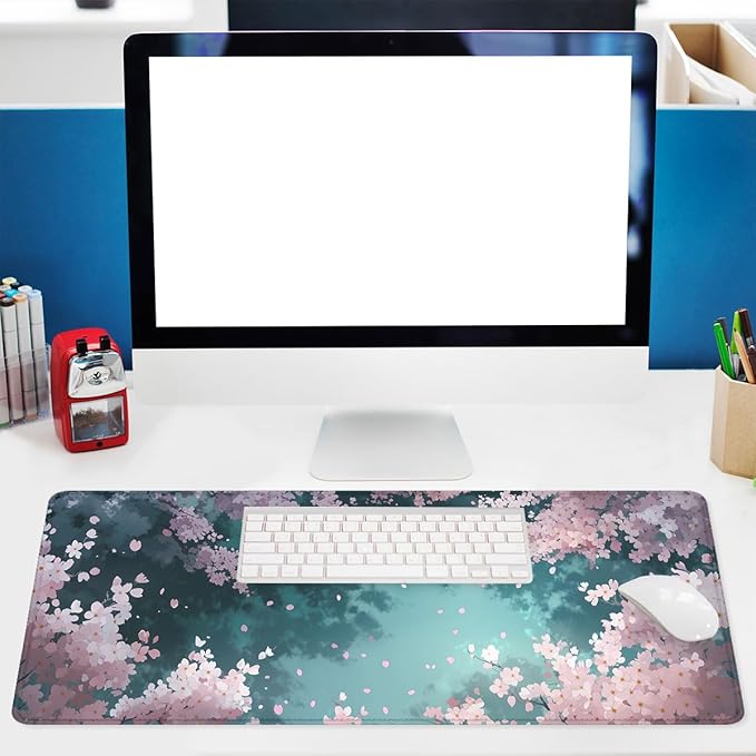 Cherry Blossom Gaming Mouse Pad Dream Sky Petals Large Gaming Mouse Mat with Stitched Edges,Non-Slip Waterproof Rubber Base Mous Mat Office Computer Keyboard Laptop 31.5"x11.8"