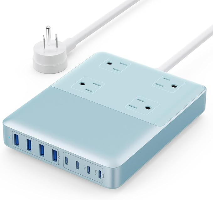 200W USB C Charging Station Power Strip with Cord and Plug,USB C Charger Block,4 AC Outlets,8 USB Ports for MacBook,iPhone 17/16/15,Fast Charging Desktop Charger for Office,Home (Sky Blue)