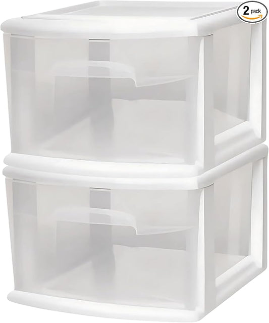 HOMZ 2-Pack 1-Drawer Storage Cart, Clear Plastic Container, 14.25" Wide Medium, White Frame - Organizing Drawer Containers for Home, Bathroom, Bedroom, Office, and Classroom