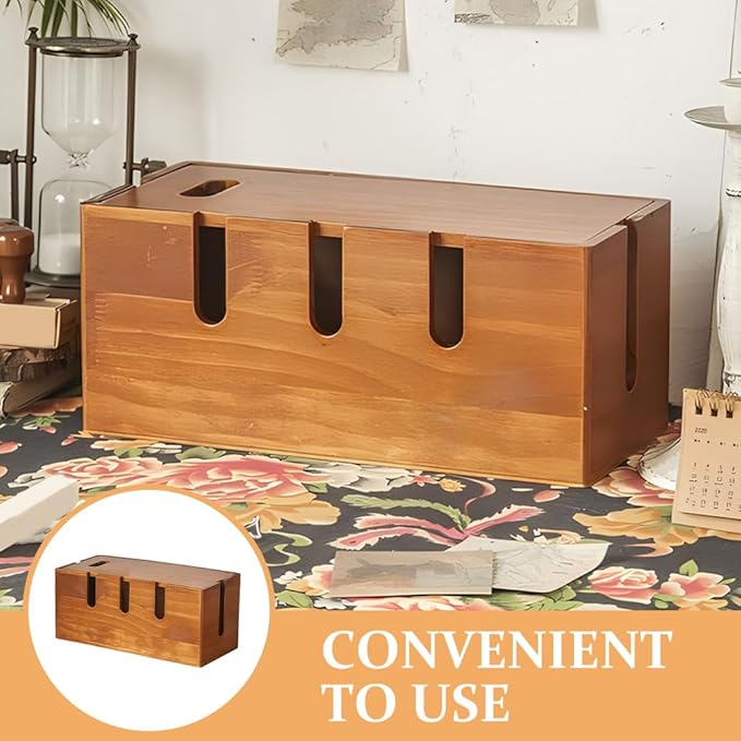 12 Inch Solid Wood Cable Management Box Cord Organizer for Desk Power Strip Router USB Hub Wire Storage Home Office