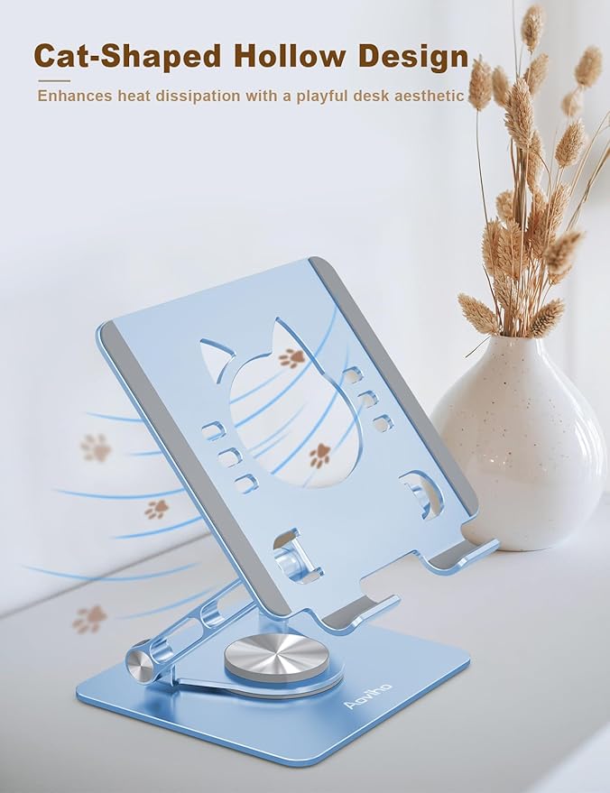 Aoviho Rotating Tablet Stand for Desk - [Adjustable] Drawing Stand for iPad, Portable Aluminum Desktop Holder, Compatible with 4.7–12.9 inch Devices, (Sky Blue)
