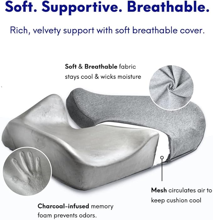 C CUSHION LAB Patented Pressure Relief Seat Cushion for Long Sitting Hours on Office/Home Chair, Car, Wheelchair - Extra-Dense Memory Foam for Hip, Tailbone, Coccyx, Sciatica - Light Grey