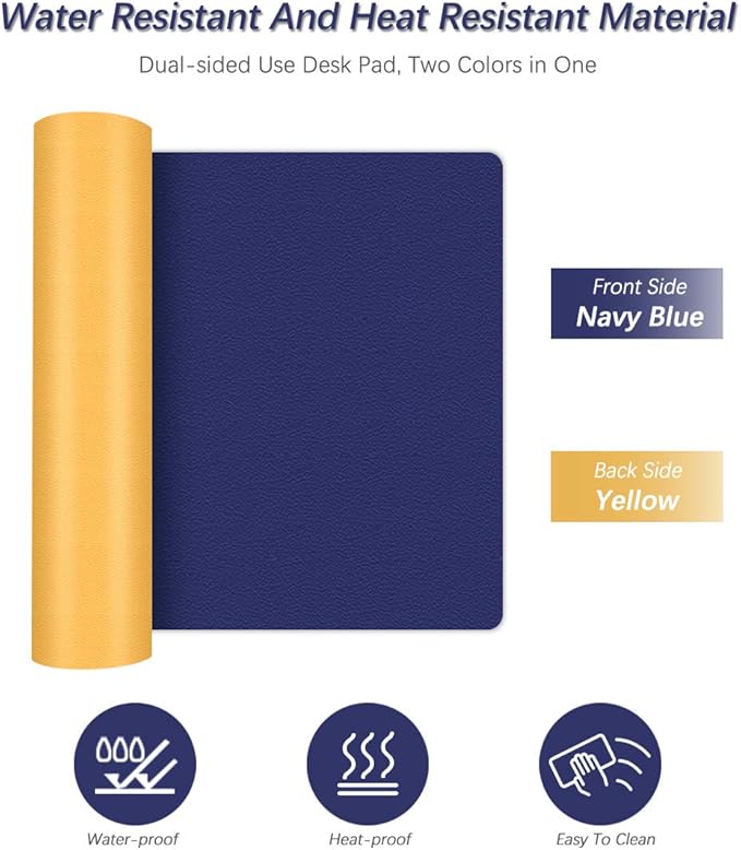 Office Desk Mats Pad Table Protector 16 X 32 Inch PU Leather Desk Blotters on Top of Desks Computer Laptop Keyboard Mouse Pad Organizer Double Side Desktop Cover Writing Mat for Girl Kids Blue/Yellow