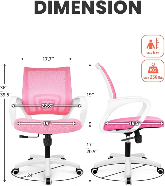 NEO CHAIR Office Desk Computer Chair Ergonomic Mesh Gaming Cushion Seat with Comfy Lumbar Mid Back Support Adjustable Height Swivel Rolling Wheels for Home Task (Pink)