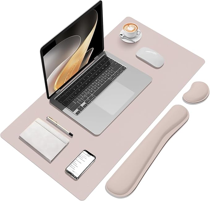 Desk Mat Set， Wrist Rest for Computer Keyboard, 3-in-1 Large Mouse Pad and Keyboard Wrist Rest Set, Non-Slip Desk Mat Protector for Office, Home(27.5×13.8 Inches, CreamPI)