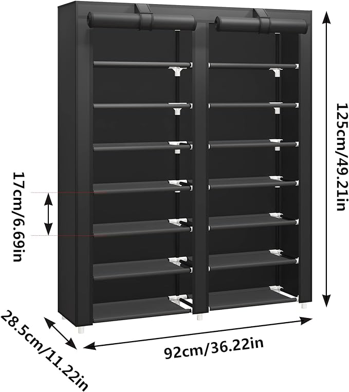 JIUYOTREE 7-Tier Shoe Storage Organizer with Dustproof Cover - Closet Cabinet Shelf Holds up to 28 Pairs - For Doorway, Corridor, Balcony, Living Room - Black