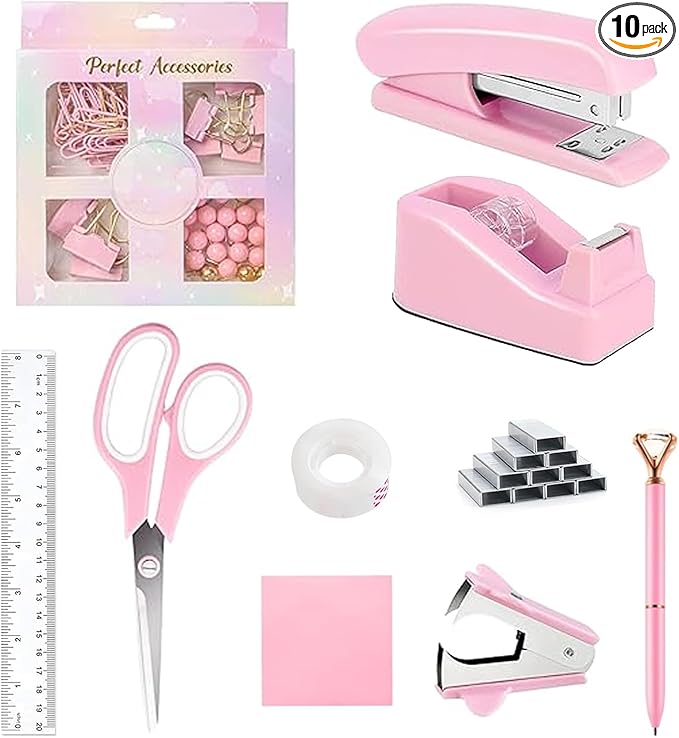 suniya Office Supplies,Desk Accessories,Tape Holder,Stapler,Scissor,Staple Remover,Box of Binder Clips,Staples,Ballpoint Pen,Sticky Notes,Clear Tape,Ruler,Office Supplies Set Pink