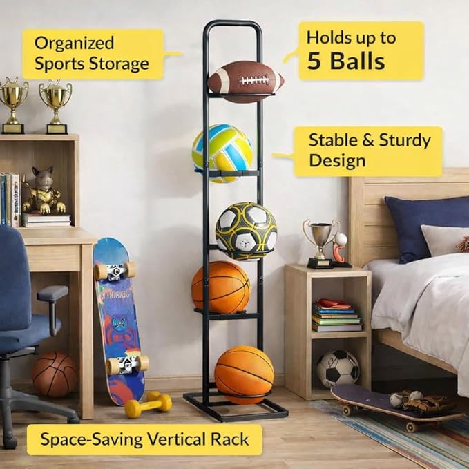 Vertical Ball Rack -basketball rack- Durable Carbon Steel Storage for Basketball, Soccer, Volleyball, and More - Easy to Assemble, Waterproof, Sturdy - 56.7" H