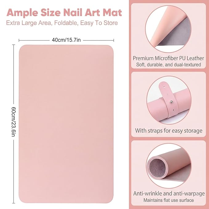 Nail Art Table Mat, Foldable Nail Hand Rest Manicure Pad, Soft Microfiber PU Leather Nail Mat, Nail Arm Rest Pad for Acrylic Nails, Nail Table Pad Desk Mat for Nail Technician Salon Home (Pink)