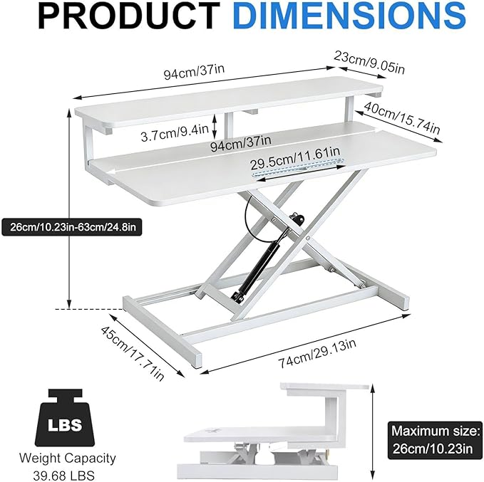 Ergonomic Desk Riser for Standing Height Adjustable Standing Desk Converter 10.2-24.8" 33 Lbs Capacity U-Shapeds Top & Keyboard Tray for Home Office White