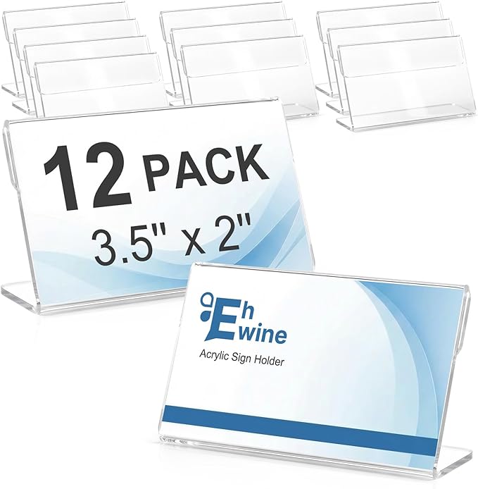 EHWINE 12 Pack Clear Acrylic Sign Holders, 3.5 x 2 Inch Slanted L-Shaped Name Tag & Price Label Display Stand for Restaurant Table, Retail Shelf, Office Desk, Trade Show
