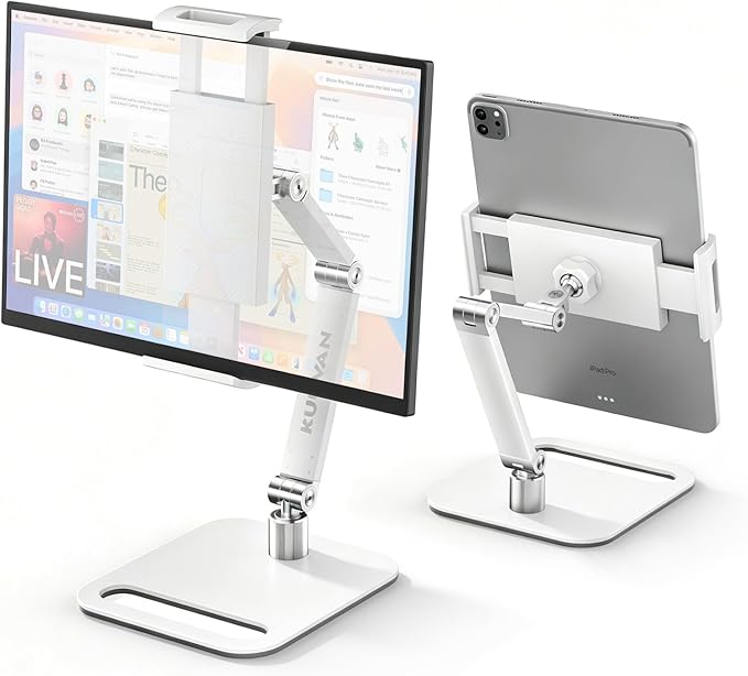 Portable Monitor Stand Holder for 15.6'',17.3'', Tablet Stand Holder for iPad, Aluminum Alloy Foldable Arm Mount with 360° Swivel Desk Mount Compatible with 4.7-17.3inch Tablet (White)