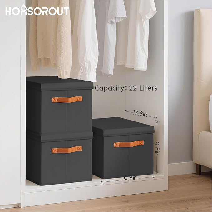 Homsorout Storage Bins with Lids - Fabric Storage Baskets for Shelves, 8 Pack Foldable Decorative Boxes with Handles, Stackable Organizer Bins for Home, Nursery, Dorm, Black