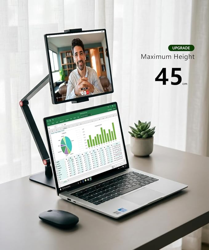 Portable Monitor Stand for Desk, Extra Tall Adjustable Tablet Holder (Max 45cm-17.7" Height), Aluminum 360° Swivel Arm Mount for 6-17.3" Screens, Fits 12.9 inch iPad Pro & Portable Displays