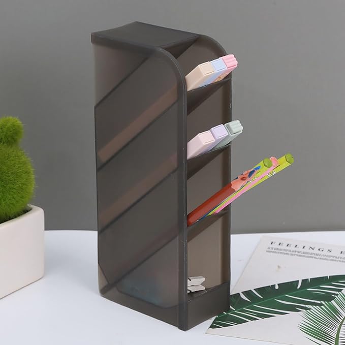 Tissting Pen Holder for Desk, 4 Compartment Pencil Organizer Tiered Vanity Countertop Makeup Brush Desktop Storage Rack, Plastic Angled Storage Organizer for Pen Makeup Brush (Black)