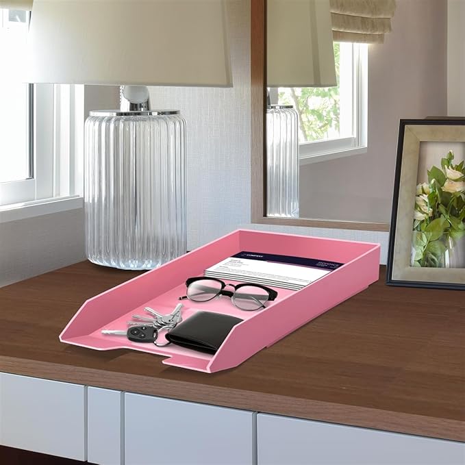 Acrimet Stackable Letter Tray Front Load, Letter Size, Stacking Document Desk Office Paper Organizer, Plastic, Solid Pink Color, 1 Unit
