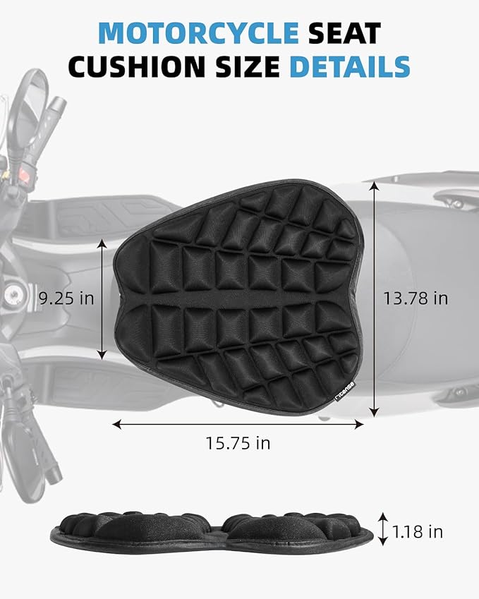 Fitense 13.8x15.8in Universal Motorcycle Seat Cushion with 3D Shock Absorption & Waterproof BSR Lycra - Dual Non-Slip Gel + Elastic Straps, Ergonomic TPE Support for Men Women Long Rides
