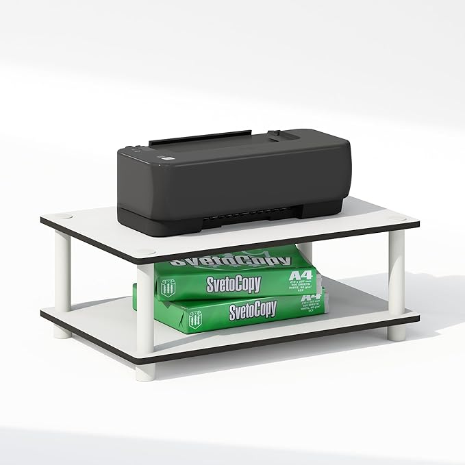 Furinno JUST Printer Stand with Storage, 2-Tier Under Desk Printer Stand, Printer Table, Toolless Assembly, for CPU, Office Supplies, Home Office, White