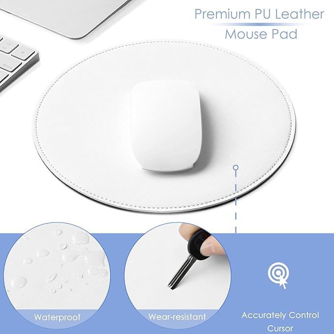 ProElife Round Mouse Pad Waterproof PU Leather Mouse Pad Cute Circular Mousepad 8.66-Inch Anti-Slip Mouse Mat Stitched Edges for Home Office Wireless Bluetooth/Wired Mouse Desk Accessories (White)
