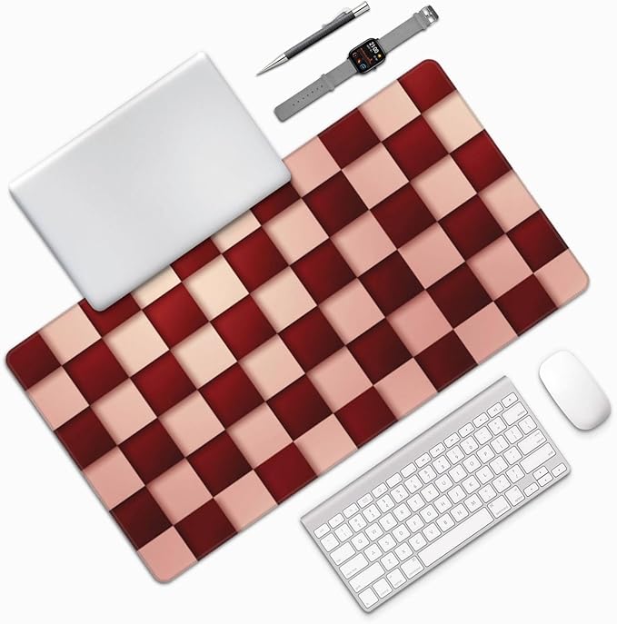 Red and Pink Checkered Large Mouse Pad & Desk Mat Plaid Grid Pattern Extended Mousepad Non-Slip Rubber Base Laptop Computer Keyboard Pad for Gaming, Office & Home Decor, XXL - 29.5" X 15.8"