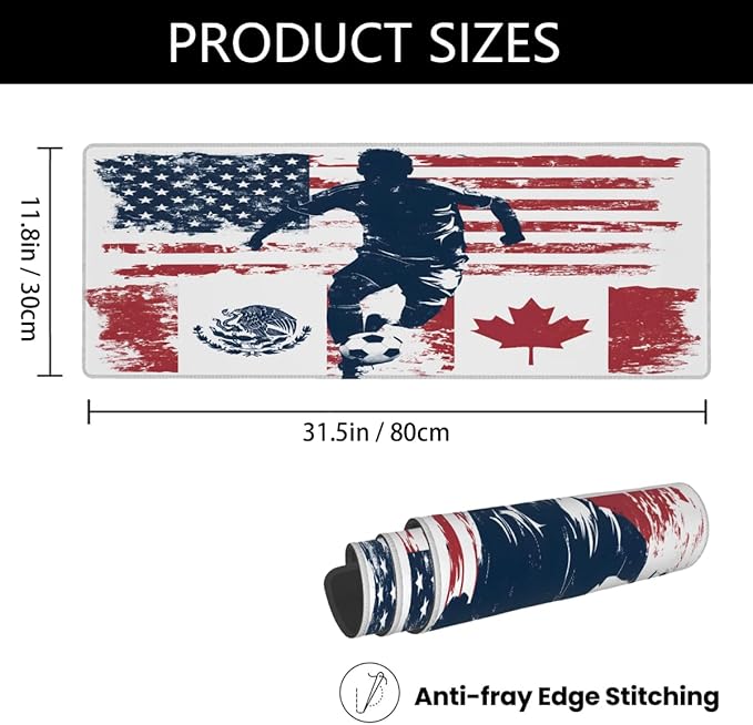 Large Mouse Pad Soccer American Flag Non-Slip Rubber Long Gaming Desk Mat Big Computer Keyboard Mousepad Waterproof Protector Wristing Pad for Gaming Office Home Decorative 31.5 X 11.8 Inch