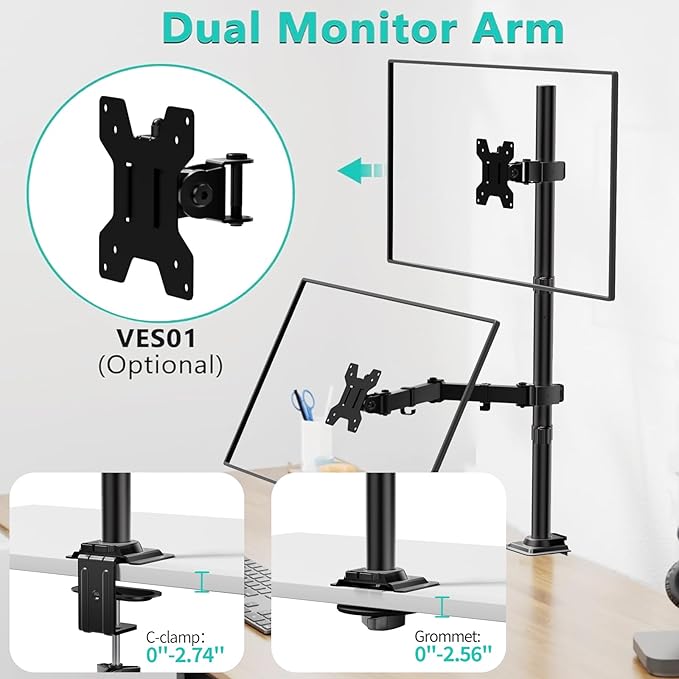 WALI Monitor Arm Mount for Desk, Single Extra Tall Computer Desk Mount, Monitor Bracket Mount Stand Single, up to 32 inch, 22 lbs (M001XL), Black