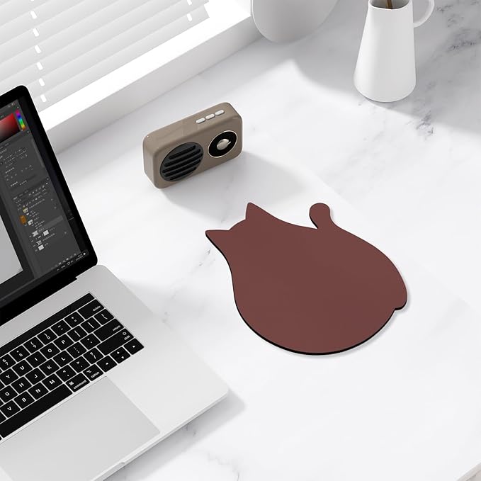 Funny Leather Mouse Pad Cute Cat Shape Office Desk Accessories Decor for Women Small Mousepad with Non-Slip Rubber Base Washable Waterproof, 9.7" x 8", Pink Purple