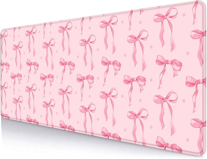 Pink Ribbon Bow Large Gaming Mouse Pad, Polka Dots Desk Mat Office Accessory, Light Pink Computer Mat, Non-Slip Rubber Base Laptop Pad for Girls Kids Desktop Decorative, 31.5 x 11.8 inches