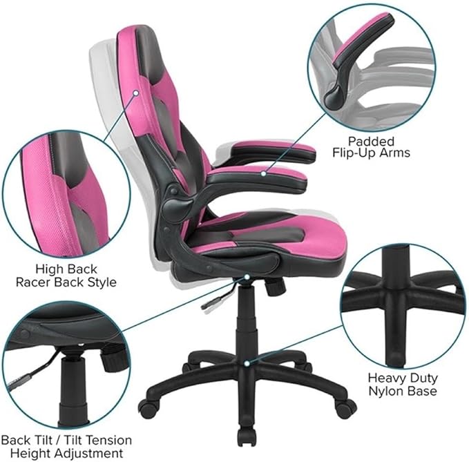 BOWERY HILL Gaming Desk and Racing Chair Set, Black Laminate Top, Red Powder Coated Frame, Pink Mesh Inserts, Dual Monitor Capacity, Ergonomic High Back Chair, Contemporary Style for Gamers