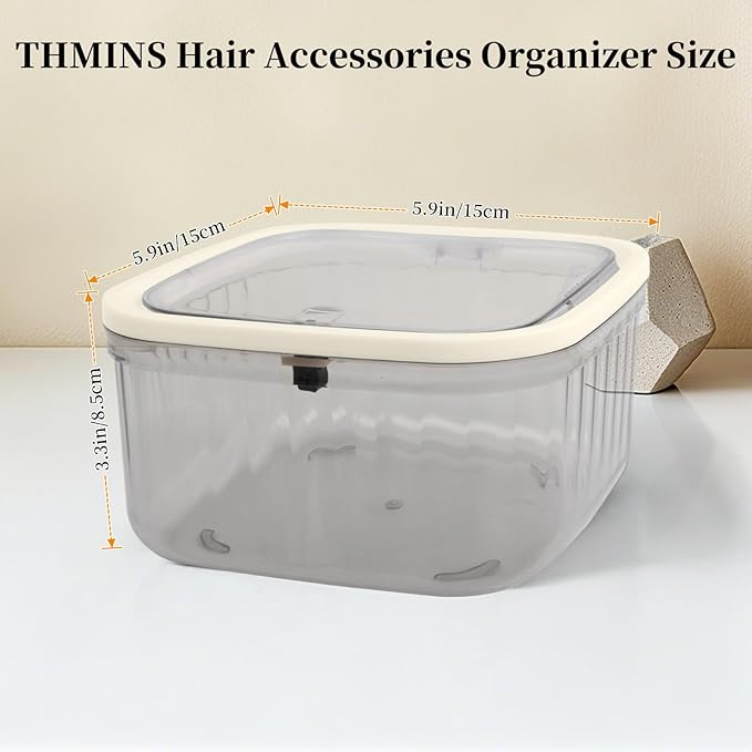 THMINS Hair Accessories Organizer for Girls,Small Plastic Storage Box with Lid for Kids Hair Clips,Ties,Bows&Jewelry,Stackable Dust-Proof Flip Top Container,Desktop Organizer(Grey)