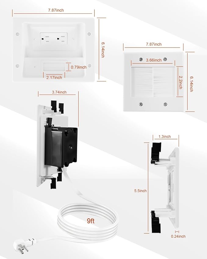in Wall Cable Concealer Kit with Recessed TV Outlet Box 2 Hole Socket, 9ft Cord, Cable Management Kit with TV Cable Management, HDMI Cables and Home Theater Systems
