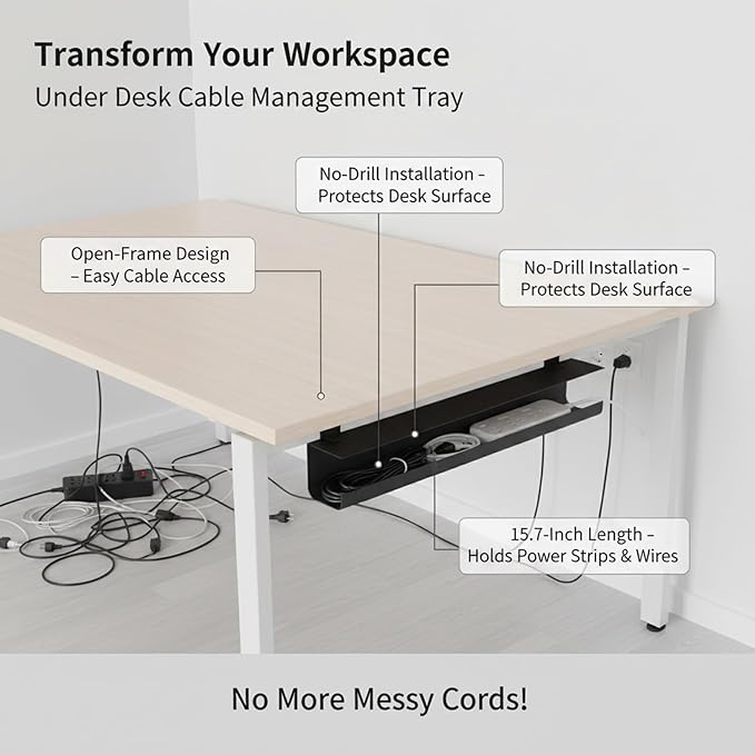 Under Desk Cable Management Tray, No-Drill Mount Cord Organizer for Power Strips and Wires, 15.7 x 3.9 x 3.5 Inches (1 PC)