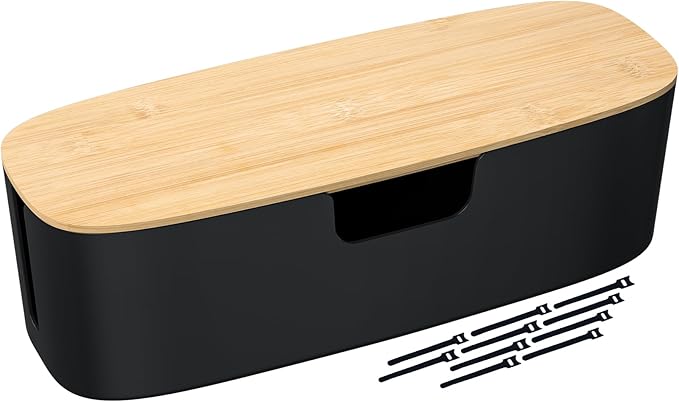 Large Cable Management Box - Cord Organize Box with Bamboo lid for Safe Home & Office, Cord Hider for Power Strip Under Desk, Cover TV Wires, Child & Pet Proof Cord Box, Black