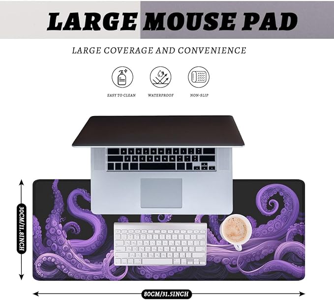 Octopus Tentacles Gaming Mouse Pad Ocean Purple Tentacles Waves Mousepad Extended Large Laptop Keyboard Non-Slip Rubber Base with Stitched Edges for Home 31.5x11.8 in