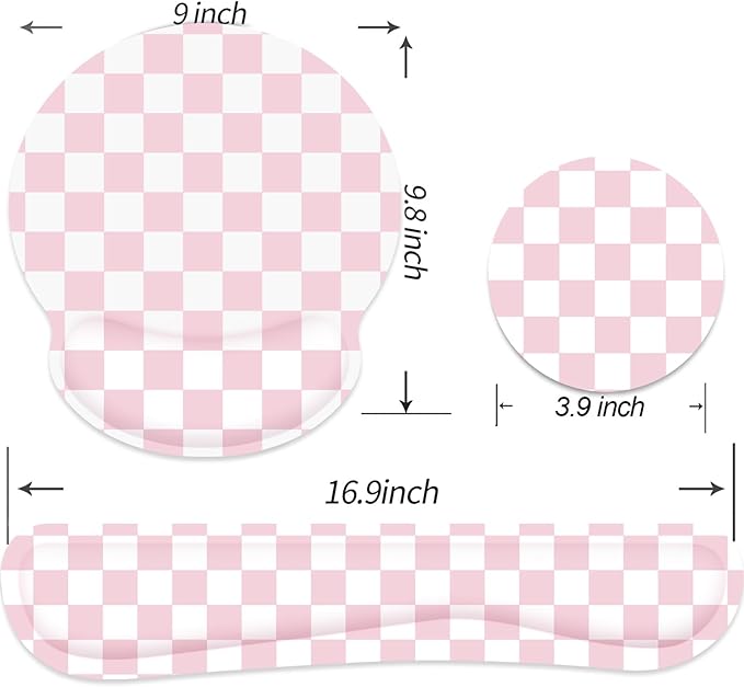 Ergonomic Mouse Pad with Wrist Rest and Keyboard Wrist Rest, Mousepad and Wrist Rest for Computer Keyboard, Pain Relief, Non-Slip Base, Mouse Pad with Wrist Support for Gaming, Office, Pink Checkered