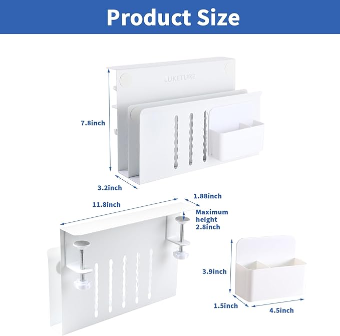 LUKETURE Laptop Holder, Steel Desk Side Storage, No Drill Standing Desk Accessories, Laptop Mount with Pen Holder, Back to School Supplies, Fits Flat Edge Tables 0.3" to 2.8" (White, L(2 Tier))