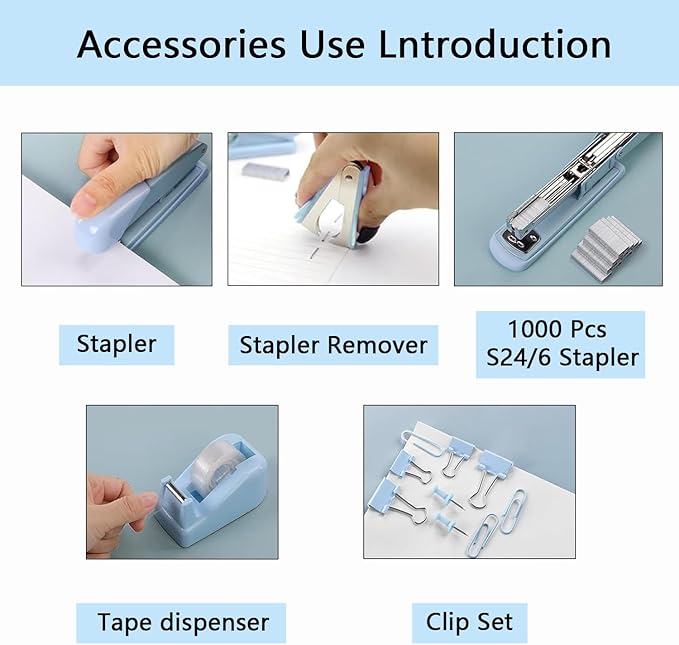 Office Supplies,Blue Desk Accessories,Office Supplies Set,Stapler and Tape Dispenser Set,Scissors,Staple Remover,Binder Clips,Staples,Ballpoint Pen,Index Tabs with Ruler,Clear Tape.9pcs for Office