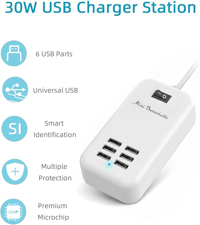 6 Ports USB Charger Hub Desktop US Plug AC Power Wall Travel Charging Adapter Slots Charging Station Extension Socket Outlet with Cable