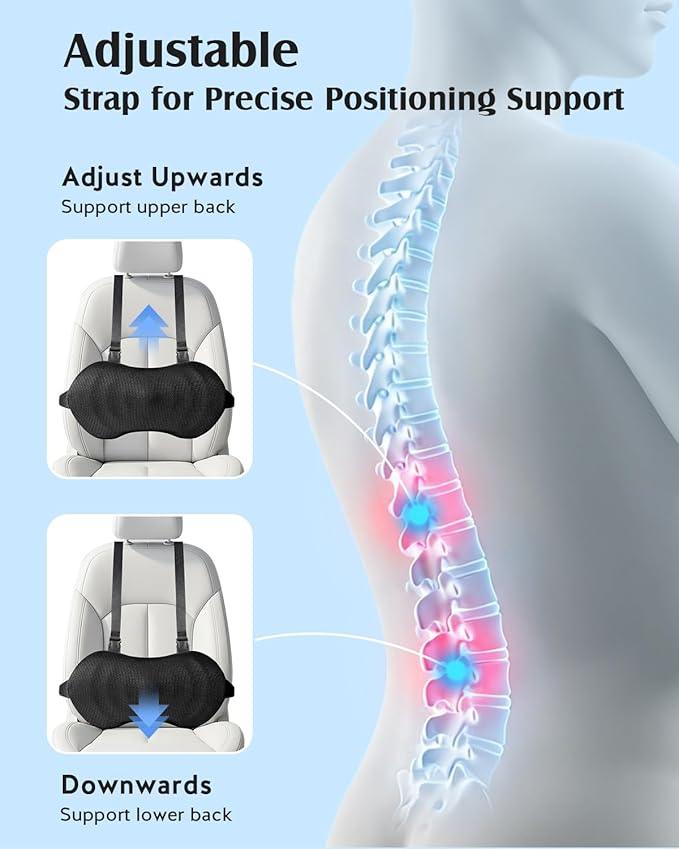 YFONG Lumbar Support Pillow for Car & Office Chair, Memory Foam Back Cushion with Adjustable Straps Non-Slip, Firm Support for Lower Back Pain Relief, Black